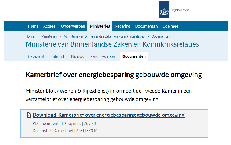 Kamerbrief Over Energiebesparing Gebouwde Omgeving - Nieman